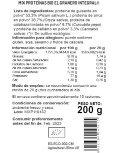 Mix Proteínas (Guisante, Arroz, Calabaza Tostada y Cáñamo) Bio, 500 g El Granero 2