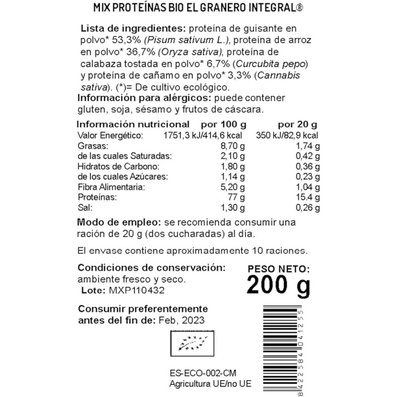 Mix Proteínas (Guisante, Arroz, Calabaza Tostada y Cáñamo) Bio, 500 g El Granero